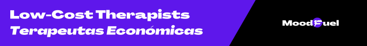 On left, in purple with white letters: Low-Cost Therapists. Terapeutas Económicas. On right in black with white letters: Moodfuel logo