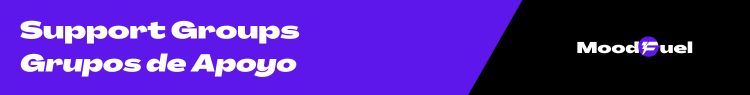 On left, in purple with white letters: Support Groups. Grupos de Apoyo. On right in black with white letters: Moodfuel logo
