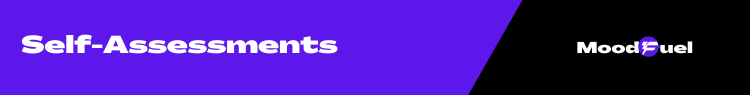 On left, in purple with white letters: Self-Assessments. Evaluaciónes. On right in black with white letters: Moodfuel logo
