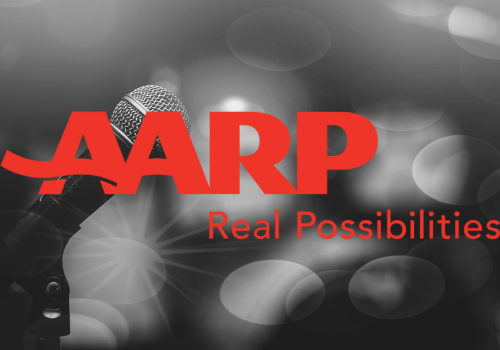 Red AARP logo with "Real Possibilities" on a b&w background with a microphone