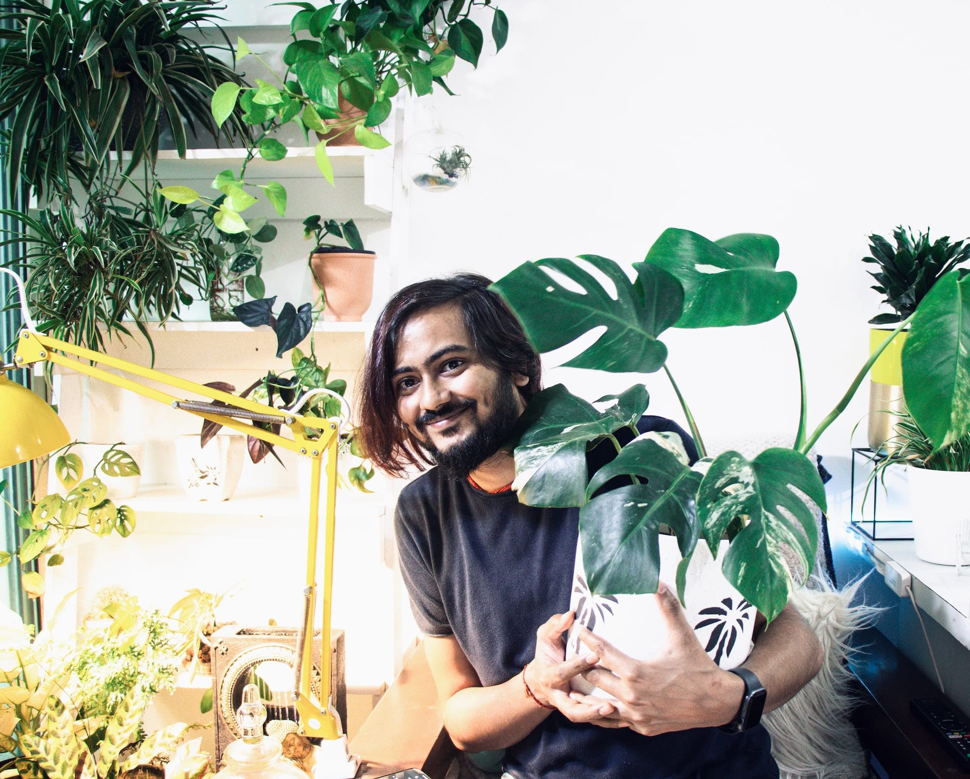 Man smiles & holds a plant in a white pot. Other plants are on the shelves behind him and on the desk next to him