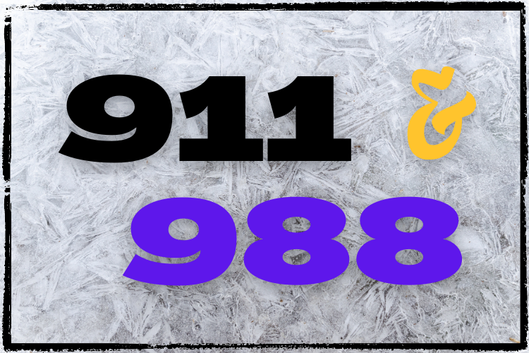 On a frosted ice background, 911 is in black, ampersand is in gold, 988 is in purple