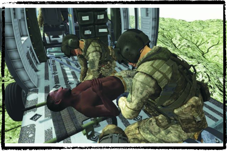 A digital image of 2 helicopter soldiers wearing helmets working on a wounded soldier laying on the floor of the craft