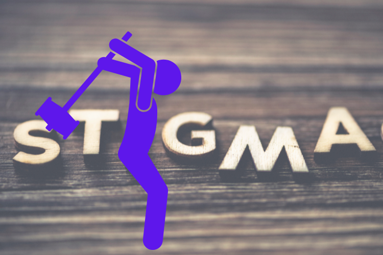 On a wood background the letters spell out "stigma" and a purple figure in the foreground smashes it with a big mallet