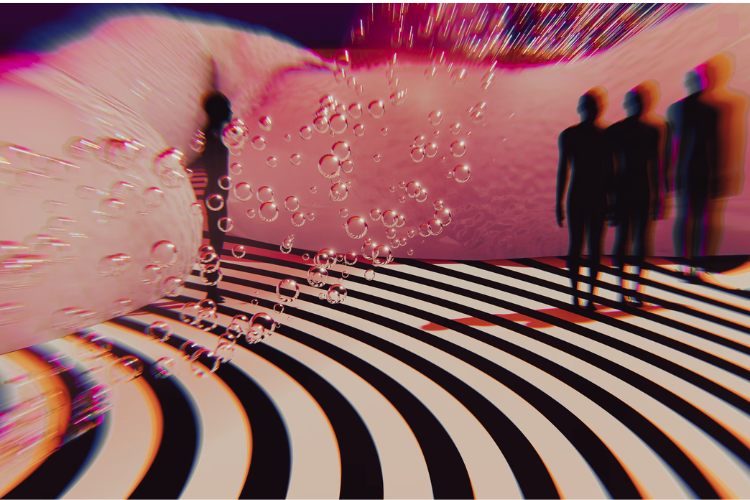 Experimental photo of a blurry, b&w striped floor & a pink wall w/floating bubbles as dark figure looks at a group