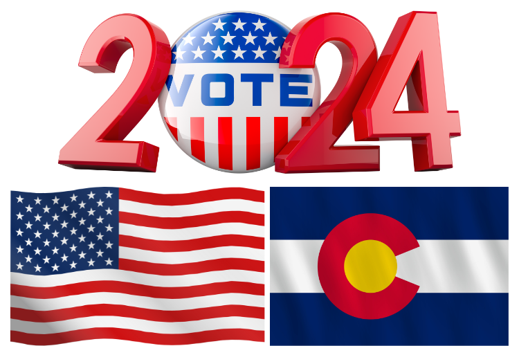 At top in red numerals is 2024 with a "Vote" button as the zero. Underneath are the US & Colorado flags