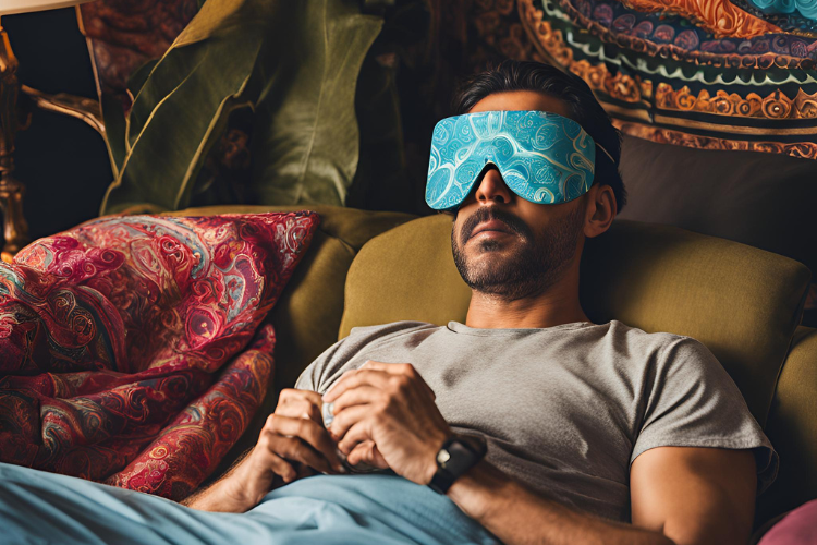 Photo of a man with a beard laying amongst pillows and wearing a sleep mask