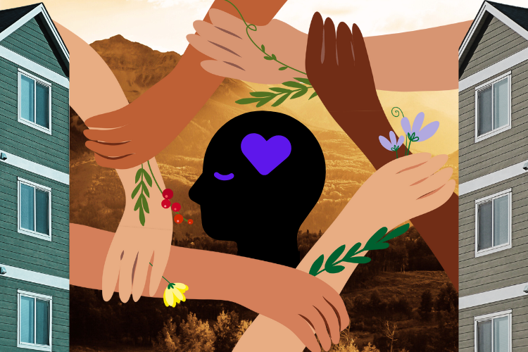 Head w/a heart surrounded by hands holding each other's wrists framed by buildings on each side