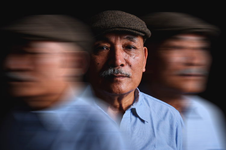 An older brown man with mustache & wearing a cap stares at the camera combined w/blurry angles