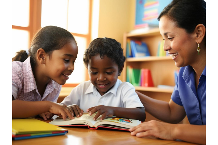 A Latina teacher supports two young, brown students as they look at a picture book