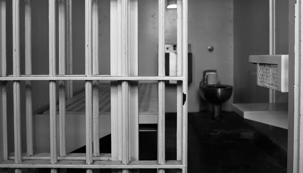 Black-and-white photo of the interior of a jail cell. A bed platform, toilet and storage compartment are visible