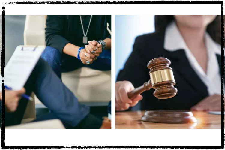 2 photos. 1) person w/bracelets & rings perched on chair next to person w/clipboard & pen; onR woman judge banging a gavel