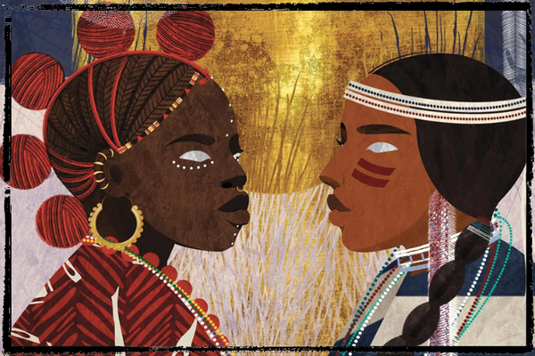 A colorful illustration of an Indigenous Black woman & an Indigenous Brown woman facing each other in their finery