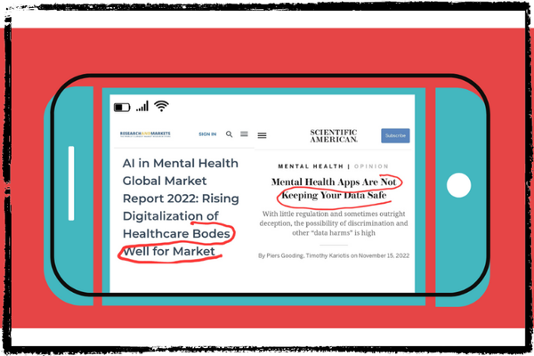 A clip from a Scientific American article is copied onto an red, teal & white illustration of a smart phone