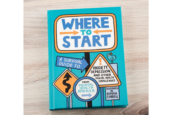 Photo of the book cover in aqua, orange, yellow & white