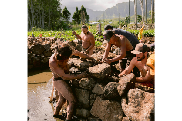 Photo of six men standing in muddy water placing large rocks in a wall with mountains in the background