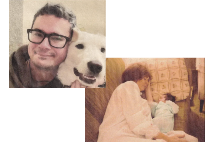 A man w/short, brown hair wearing eyeglasses snuggles with his white dog. A brown-haired woman snuggles with her baby