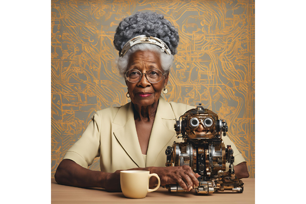 An elderly Black woman sits with her hand on a small bot next to a coffee cup 